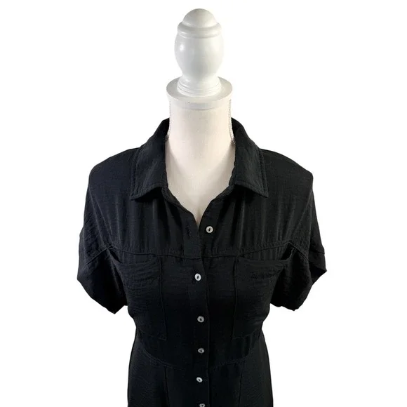 SHE + SKY Black Collared Short Sleeve Button Shirt Dress Size L - Picture 3 of 6